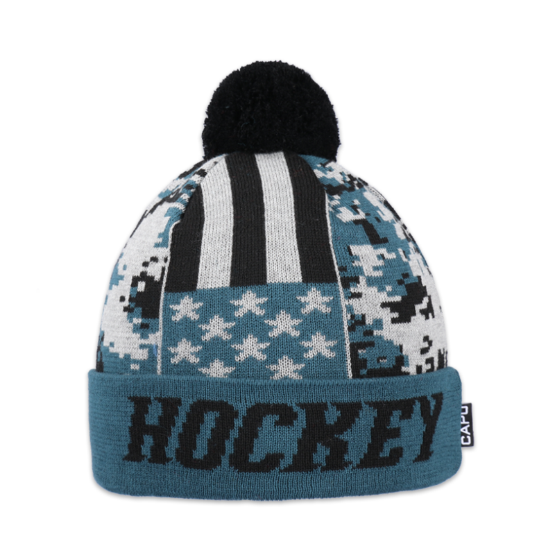 Dětská čepice s akrylovou bambulí hokej